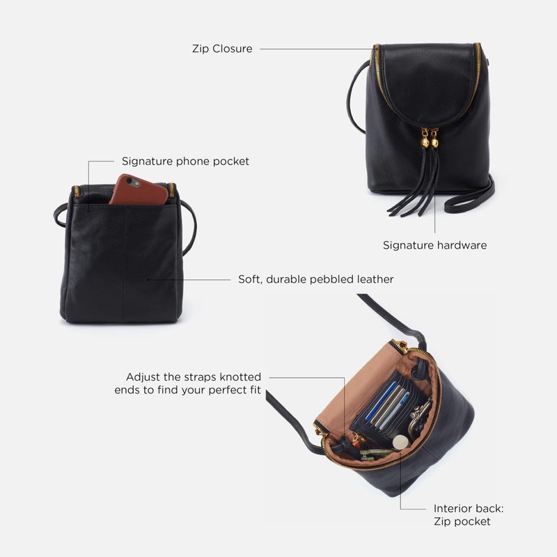 HOBO Fern Leather Crossbody Purse with Adjustable Strap, Exterior Slip Pocket, Double Zip Closure - Perfect for Travel, Black - Image 4